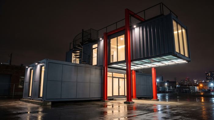 A bespoke double-container structure with one unit cantilevered over the other on red columns, lit at night
