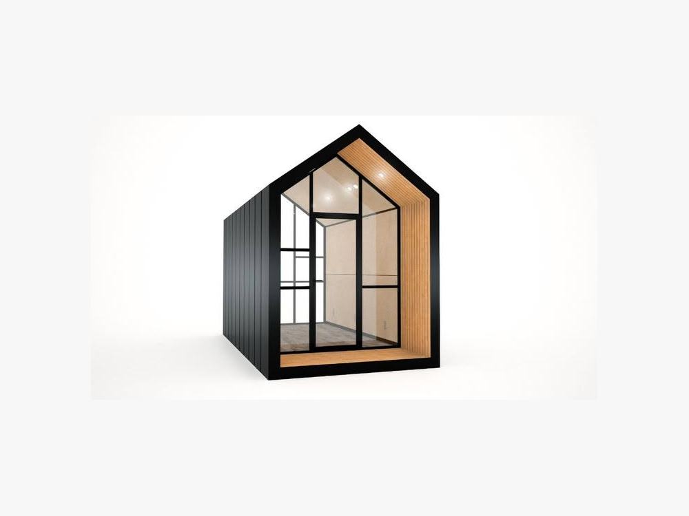A 3D model of a hard-shell modular cabin with a pitched roof, dark cladding, a full-height glass front and a timber-lined interior