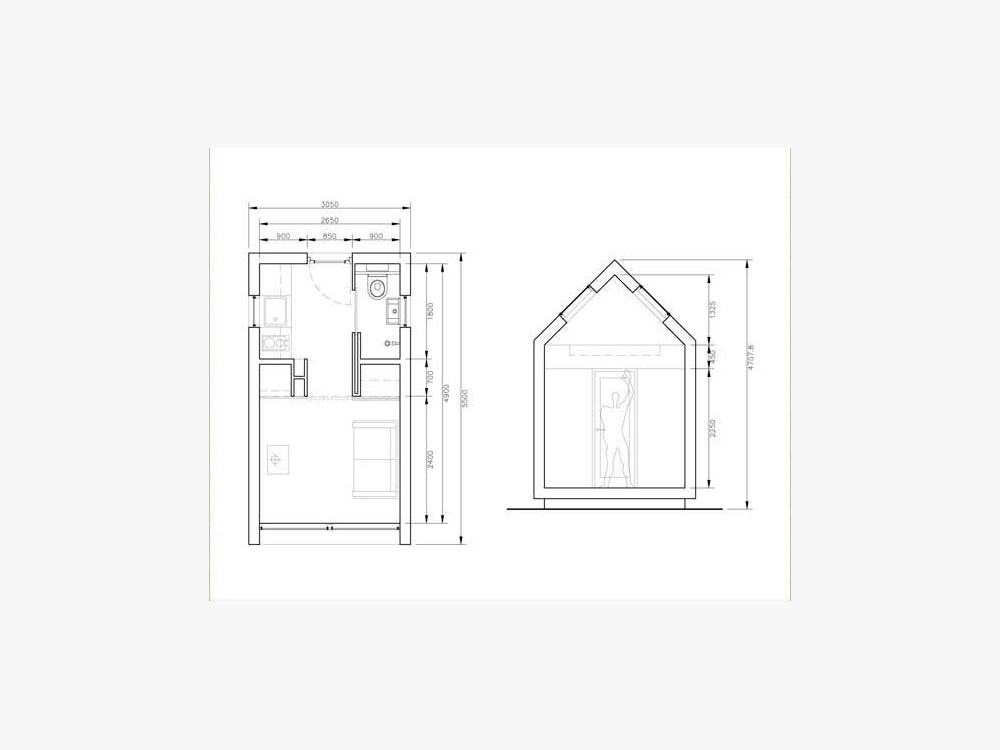A dimensioned floor plan and cross-section of the cabin: 3050mm wide by 5500mm long, with a kitchen, shower room and bed space, and a 4707mm ridge height