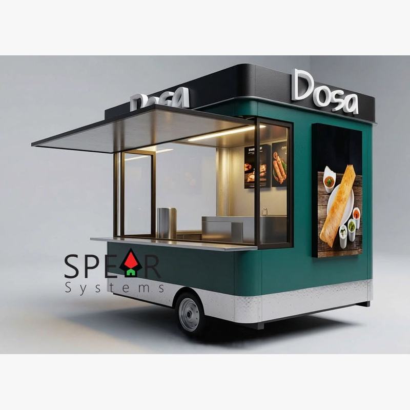 A 3D model of a green Dosa cart with a raised sign, lit menu screens, a food picture panel and a stainless serving counter