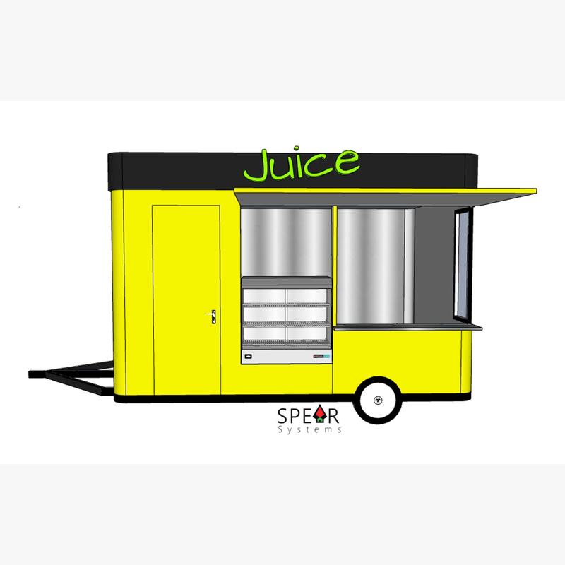A 3D model of the yellow Juice cart with a black sign band, chilled display case and a fold-out awning over the serving window