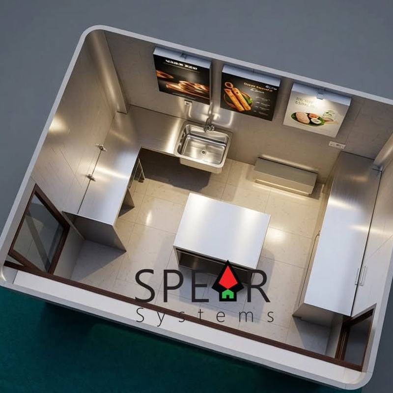 A 3D cutaway looking down into a modular hot kitchen, showing stainless benches, a sink, a central prep island, air conditioning and lit menu boards