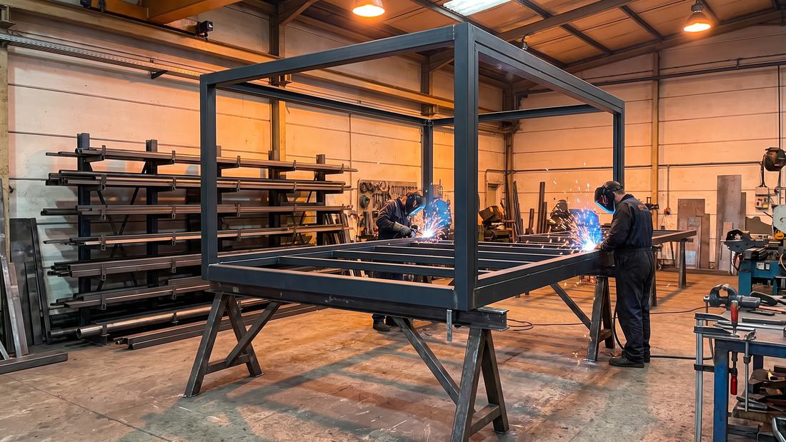 A modular steel frame under assembly in a fabrication workshop