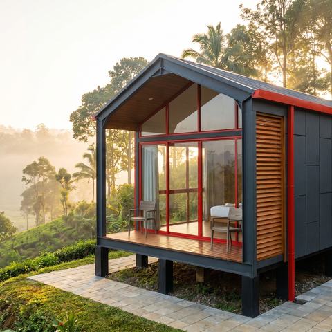 Modular guest cabin overlooking tea-country hills