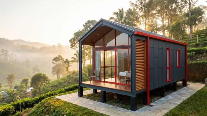 A modular guest cabin on steel stilts with a glazed gable and timber deck, overlooking misty tea-country hills