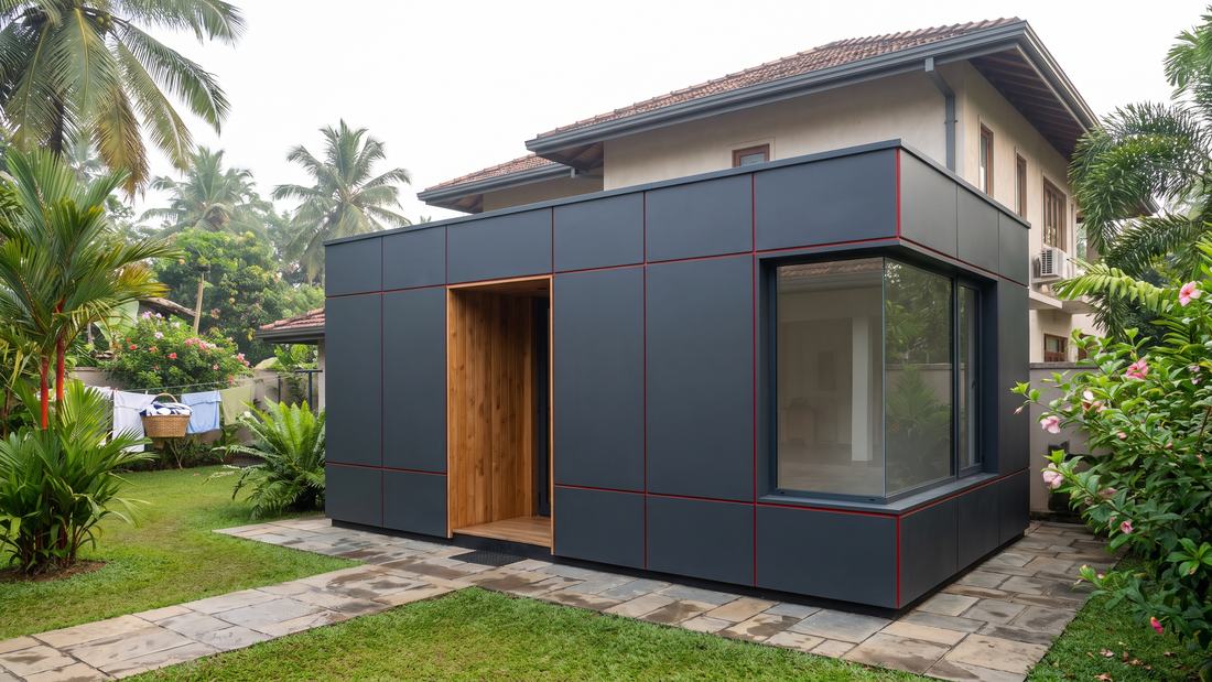 A charcoal modular studio annex with a timber entrance recess and corner window, in a Sri Lankan garden beside a family home