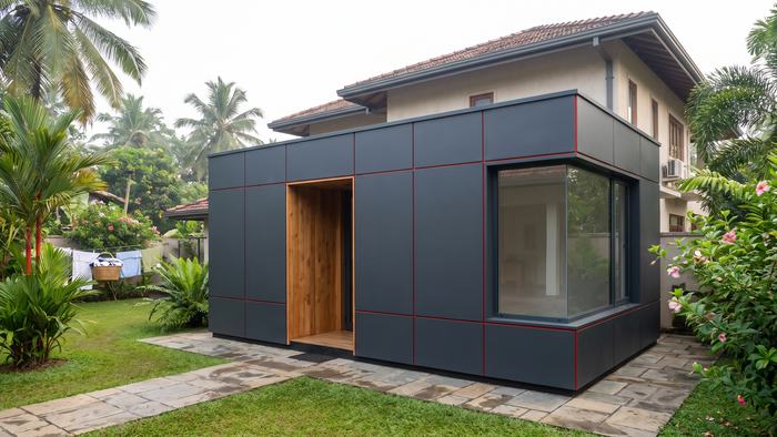 A charcoal modular studio annex with a timber entrance recess and corner window, in a Sri Lankan garden beside a family home