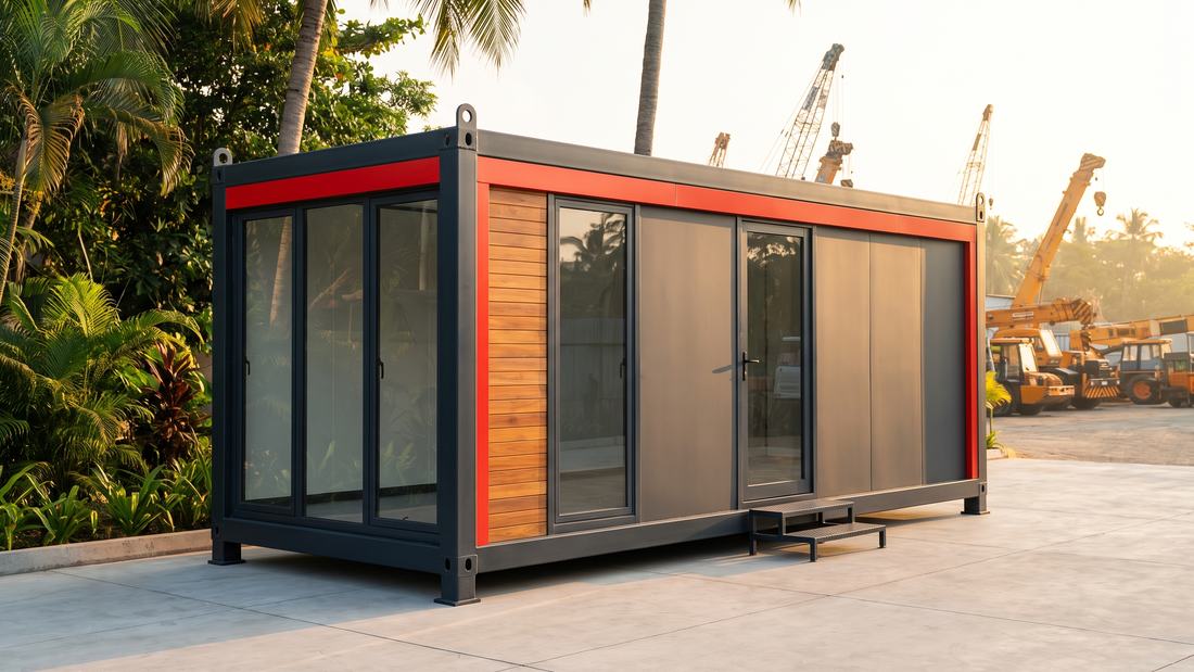 A charcoal portable site office cabin with red trim and corner lifting hooks, on a construction site with cranes behind