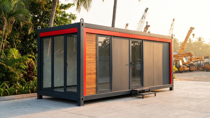 A charcoal portable site office cabin with red trim and lifting hooks, on a construction site with cranes behind