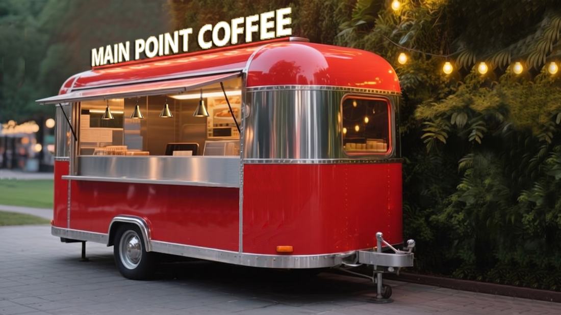 Concept render of a red mobile coffee trailer with a fold-up awning and festoon lighting