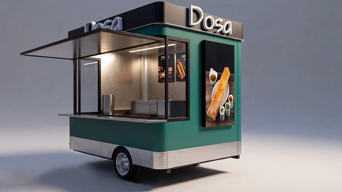 Our 3D design for a teal dosa cart with a fold-up awning, stainless steel kitchen and a backlit menu panel