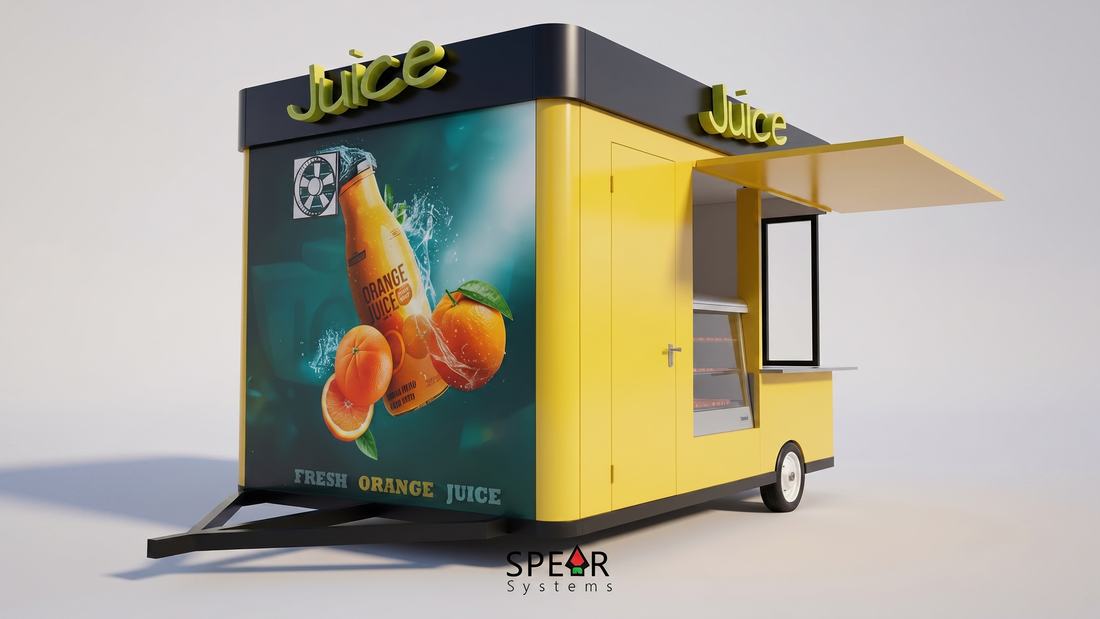 Our 3D design for a yellow juice kiosk with a fold-up serving hatch and a chilled display cabinet