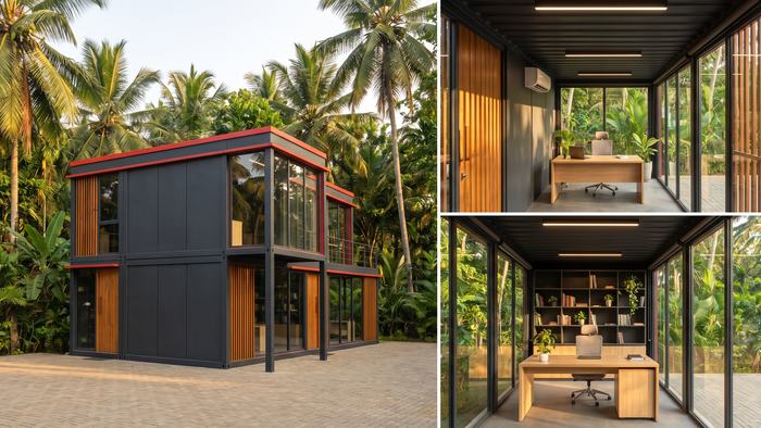 A two-storey modular office building in charcoal with red trim, beside interior views of a timber desk workspace